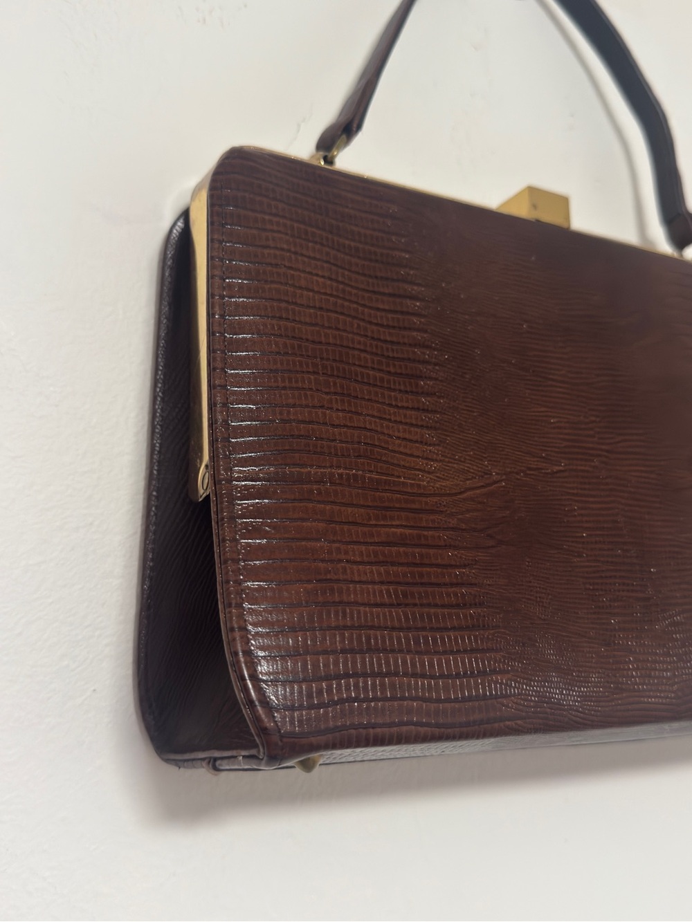 Vintage Brown Lizard Embossed Structured Top Handle Frame Handbag Gold Tone - Picture 13 of 16